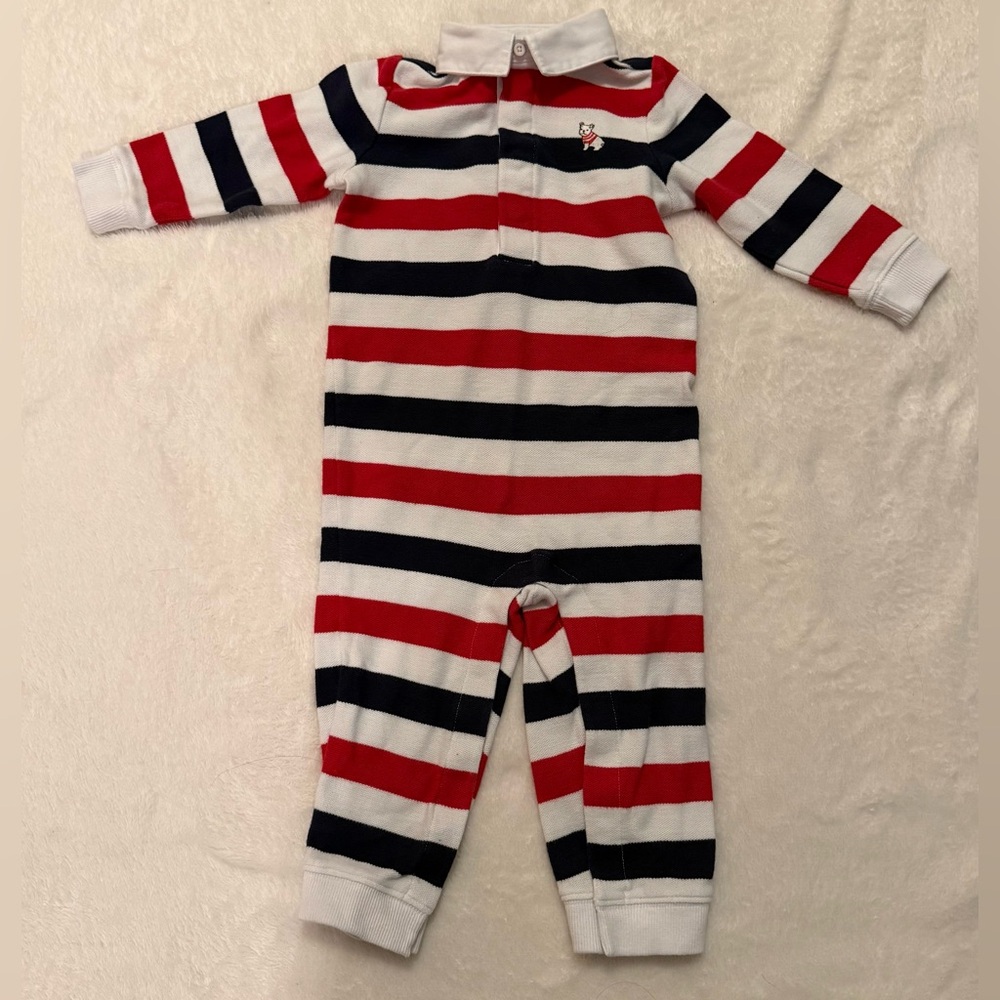 JANIE AND JACK Boys 12-18M One Piece Striped Long Sleeve Romper With Dog Emblem